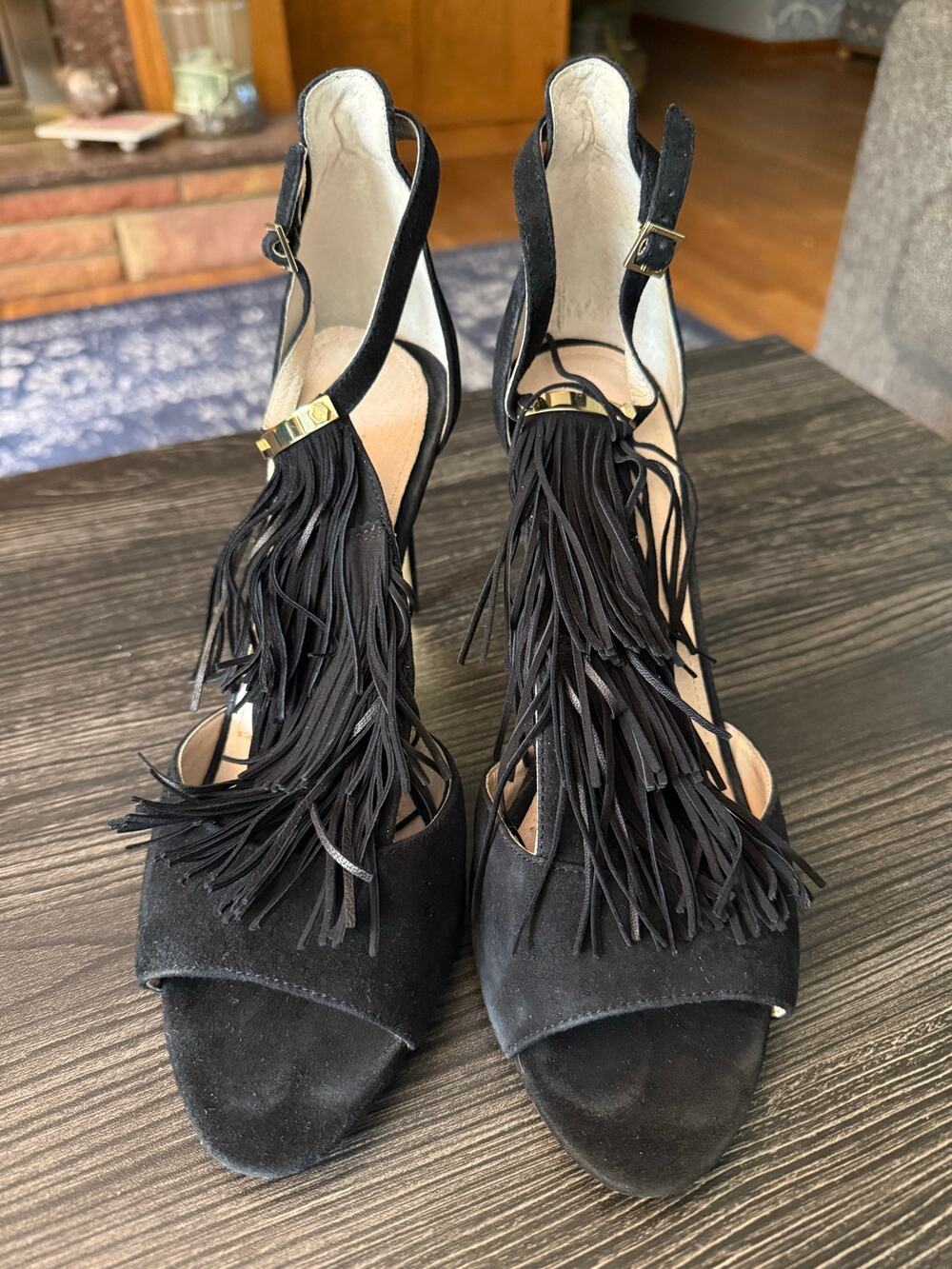 Louise et Cie Kayla Black Suede Fringe Ankle Strap Heels Sz. 10